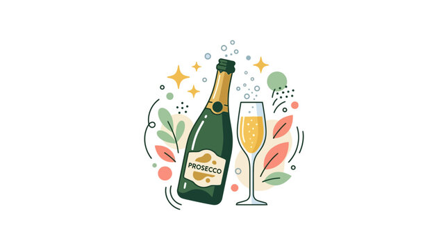 Festive prosecco bottle with sparkling glass and decorative leaves