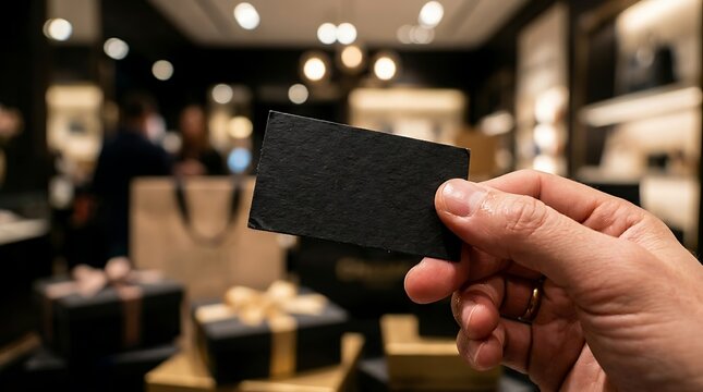 Hand holding blank black card indoors.