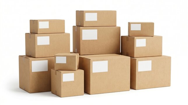 Stacked brown cardboard boxes with white labels for shipping and logistics business delivery isolated on white background