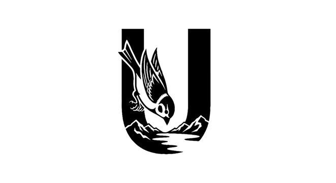 Black and white bird logo with letter U design.