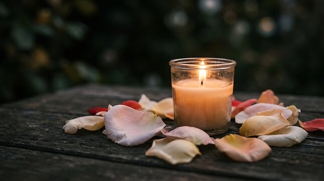 Candle surrounded by rose petals table.