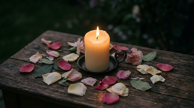 Romantic candle with rose petals table.