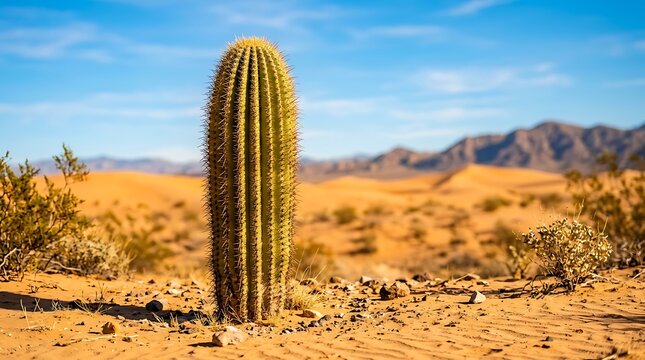 Cactus in desert landscape with mountains.