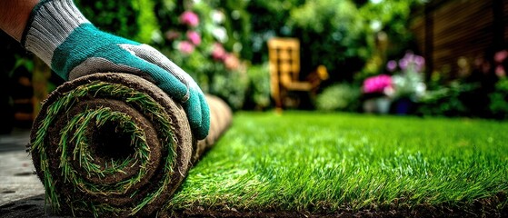 Naklejka premium Hands work to unroll sod on brown soil in a green space under a bright sky with yellow equipment nearby