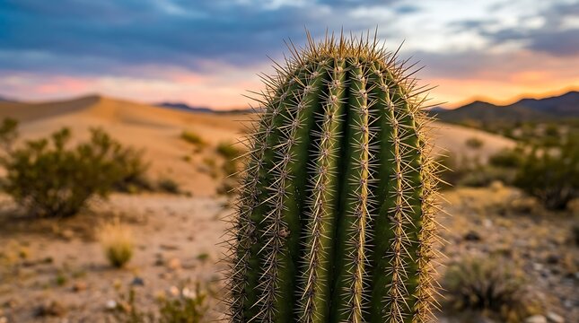 Cactus in desert landscape at sunset.