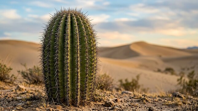 Cactus in desert landscape with hills.
