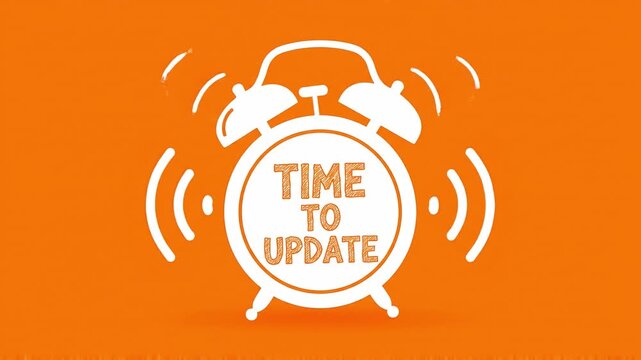 Time to update message on ringing alarm clock, white line art illustration on orange background, software upgrade and system maintenance concept
