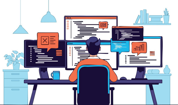 Software Developer Programming at Multiple Monitors With Clean Code Lines and Abstract Data Icons in Office