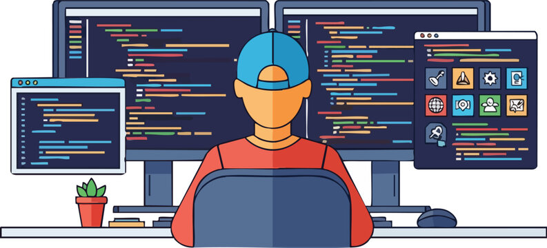 Software Developer Writing Code at Modern Desk With Dual Monitors and Professional Computer Setup in Flat Style