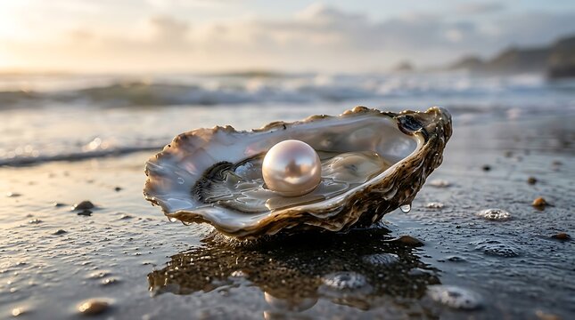 Pearl in oyster shell on beach.