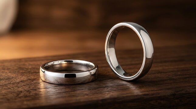 Two silver wedding rings on table.