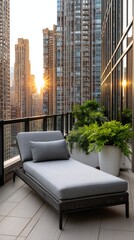 Obraz premium Bright sunset on a modern urban rooftop terrace with a lounge chair and plant against a city backdrop