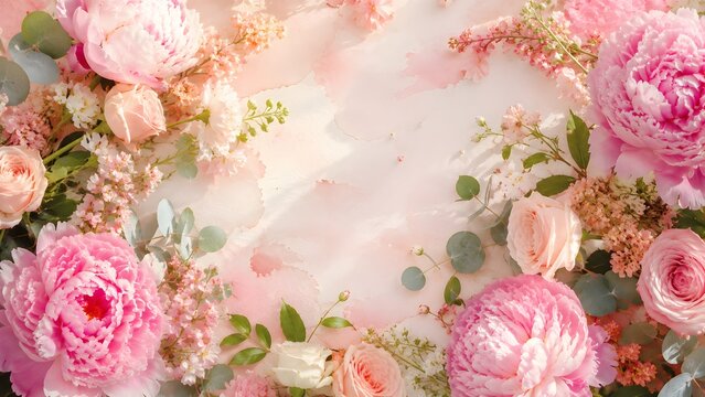 Dreamy high quality background featuring soft pink peony and rose flowers with eucalyptus branches. Highly suitable for bridal shower designs beauty blogs and romantic invitations.