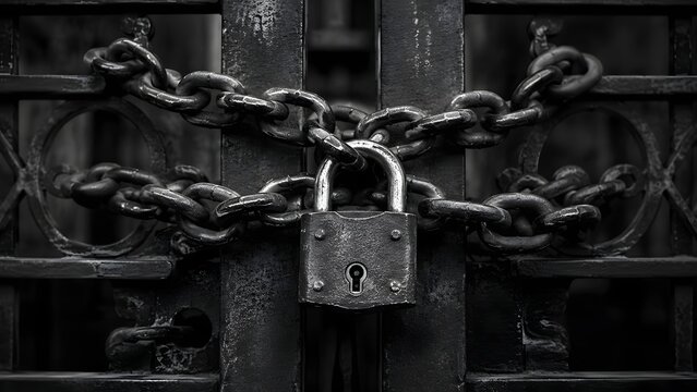 High quality grayscale photograph of a heavy rusty padlock with thick chains locking a metal gate. Ideal for themes on security restrictions protection and safety cover designs.