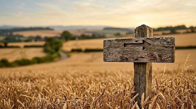 Wooden signpost in wheat field landscape.