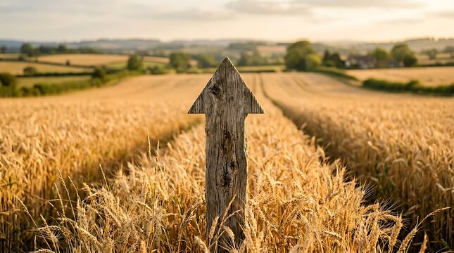 Wooden signpost in golden wheat field.