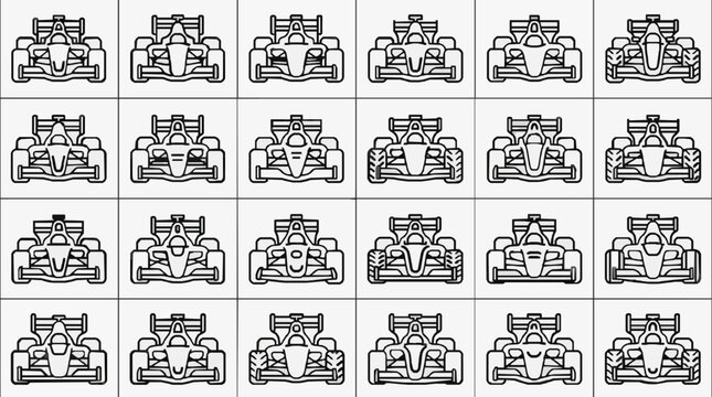 Dynamic Evolution of Open Wheel Racing Car Cockpit Designs and Aerodynamic Configurations with high professional line art symbols for modern creative design and digital branding projects