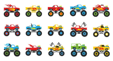Colorful monster trucks with large tires and flame graphics © putry