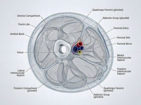 Cross section anatomy of human nerve bundle with fascicles and blood vessels, fascicle