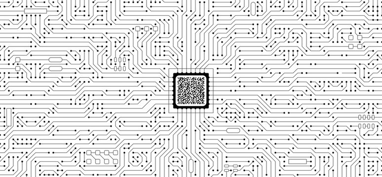 Black and white semiconductor chip with circuit lines microchip network abstract. Digital semiconductor AI processor concept bg. IT motherboard modern background with electronic connections. Vector