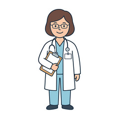 Fototapeta premium Friendly Female Doctor Holding Medical Clipboard Wearing White Lab Coat and Stethoscope