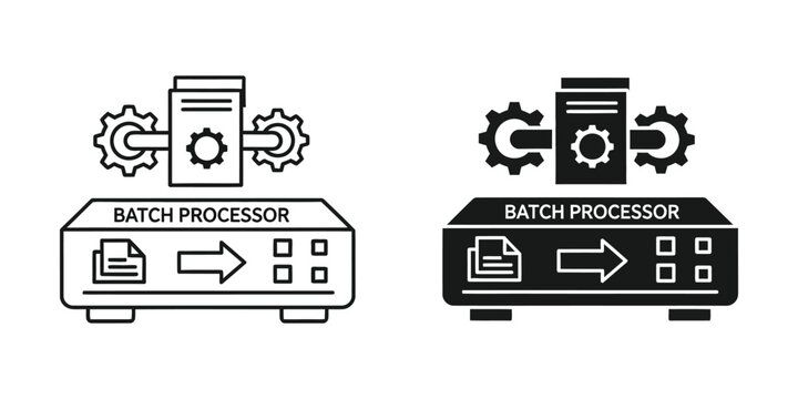 Batch processor icon with gears and document processing during data transfer for technology concept