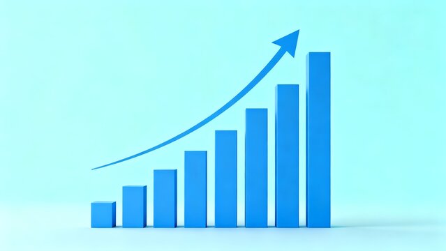 Blue bar graph with upward arrow showing growth and success.