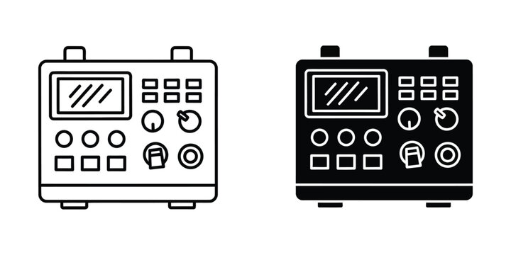 Electronic control unit with buttons and screen in outline and filled styles on white background