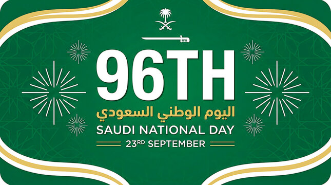 96th saudi national day with green background, and fireworks 23 september