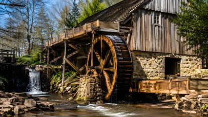 Fototapeta premium Scenic high resolution photograph of a traditional rustic wooden watermill next to a flowing stream. Ideal for travel blogs historical articles landscape cards and home decors.