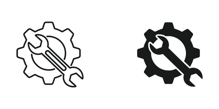 Wrench and gear symbol on white background representing mechanics and industry concept with clean lines