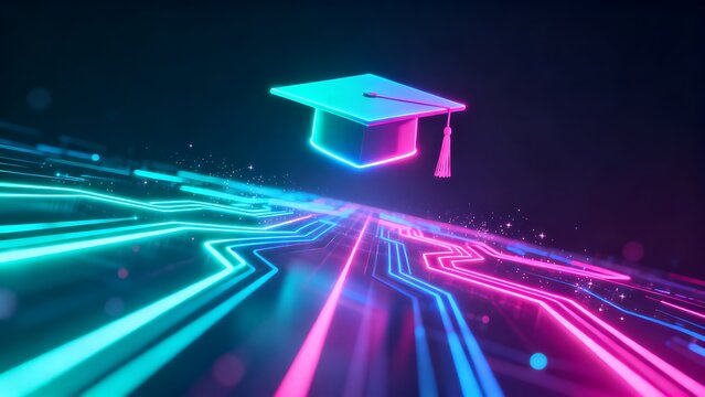 Graduation cap on abstract digital circuit board, education concept.