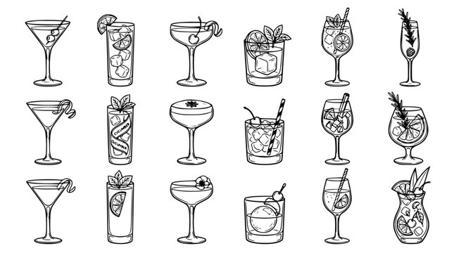 Cocktail and alcoholic drinks line icons set for bar menu design restaurant beverage illustration party catering and nightlife branding