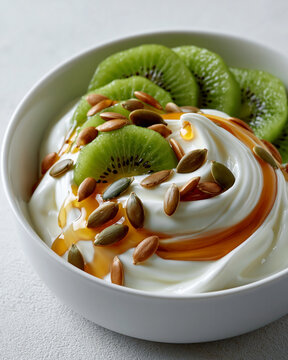 Greek yogurt bowl with sliced kiwi pumpkin seeds and honey drizzle showcasing a calming bedtime snack and evening wellness nutrition concept