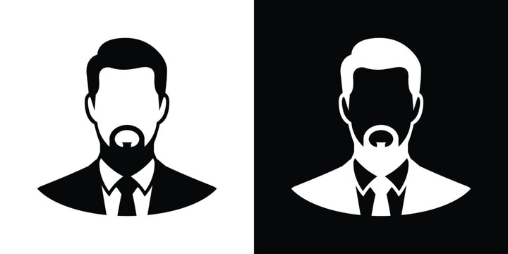 Sleek graphic illustration of a modern businessman profile avatar featuring a groomed beard and stylish suit, presented in dual black and white versions.