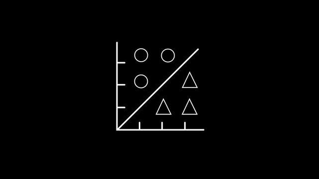 Minimalist white line graph illustrating data classification, machine learning algorithms, or data separation on a black background. Graphic and triangles divided by a diagonal linear line,