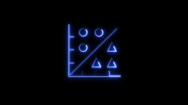 Glowing blue neon style animated chart showcasing advanced data classification, computer algorithm processing. Neon glowing line graph dividing circles and triangles on a dark background,