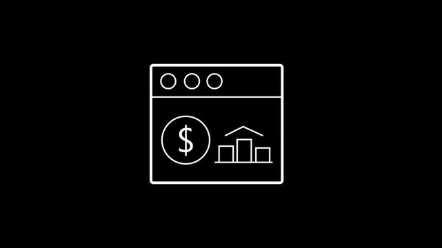 Simple white line art animation of a browser window featuring a big dollar sign and a rising bar chart. concepts related to online financial tracking, digital banking, e-commerce revenue growth,