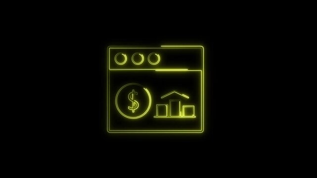 Glowing yellow neon animation of a web browser displaying a currency dollar symbol and an upward-trending bar graph. Eye-catching tech graphic perfect for fin-tech promo videos,
