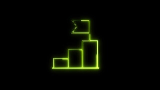 Glowing green neon animation of a growth staircase bar graph leading to a success target flag. Motivational business concept vector illustrating career growth, objective achievement,
