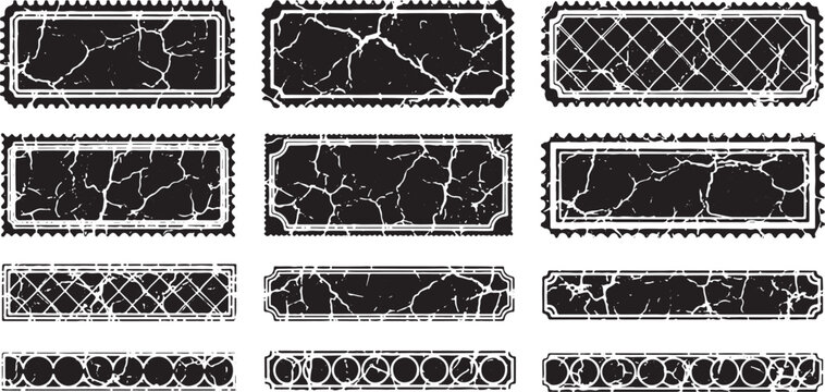 Vintage Grunge Border Elements Vector: Distressed Black Rectangular Postmark Stamp Frames Set vector design on transparent background.