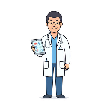 Professional male doctor in white lab coat holding a tablet computer with medical dashboard icons and health charts for patient digital records