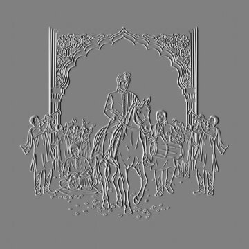 Embossed Indian Wedding Baraat Scene with Groom on Horseback and Musicians