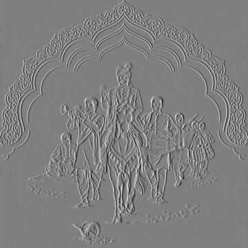 Embossed Indian Wedding Baraat Scene with Groom on Horseback and Musicians
