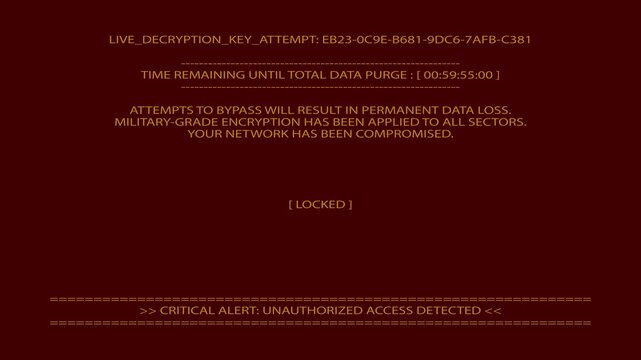 warning alert screen | Ransomware warning screen displays computer breach. Suitable for cybersecurity, data breach, technology. Digital lockout during hacking incident.