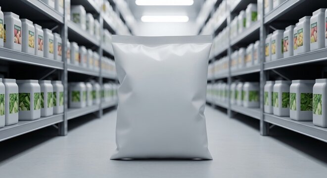 Blank frozen vegetable food packaging pouch on retail shelf background, marketing template mockup