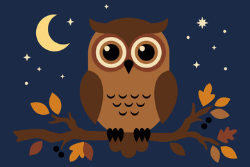 Obraz premium Whimsical illustration of an owl perched on a branch under a starry night sky