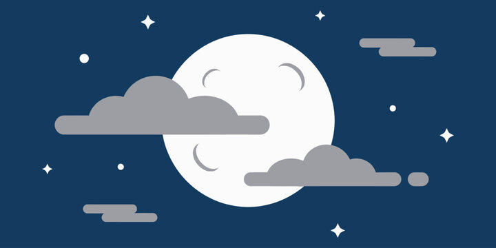 A serene nighttime scene with a large moon and clouds