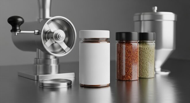 Blank spice jar mockup display with ingredients and kitchen equipment