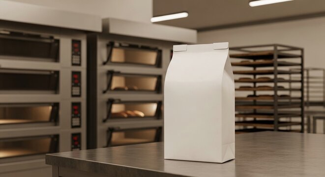 Blank white bakery bread bag mockup on a counter in a commercial bakery kitchen, ready for branding and product placement